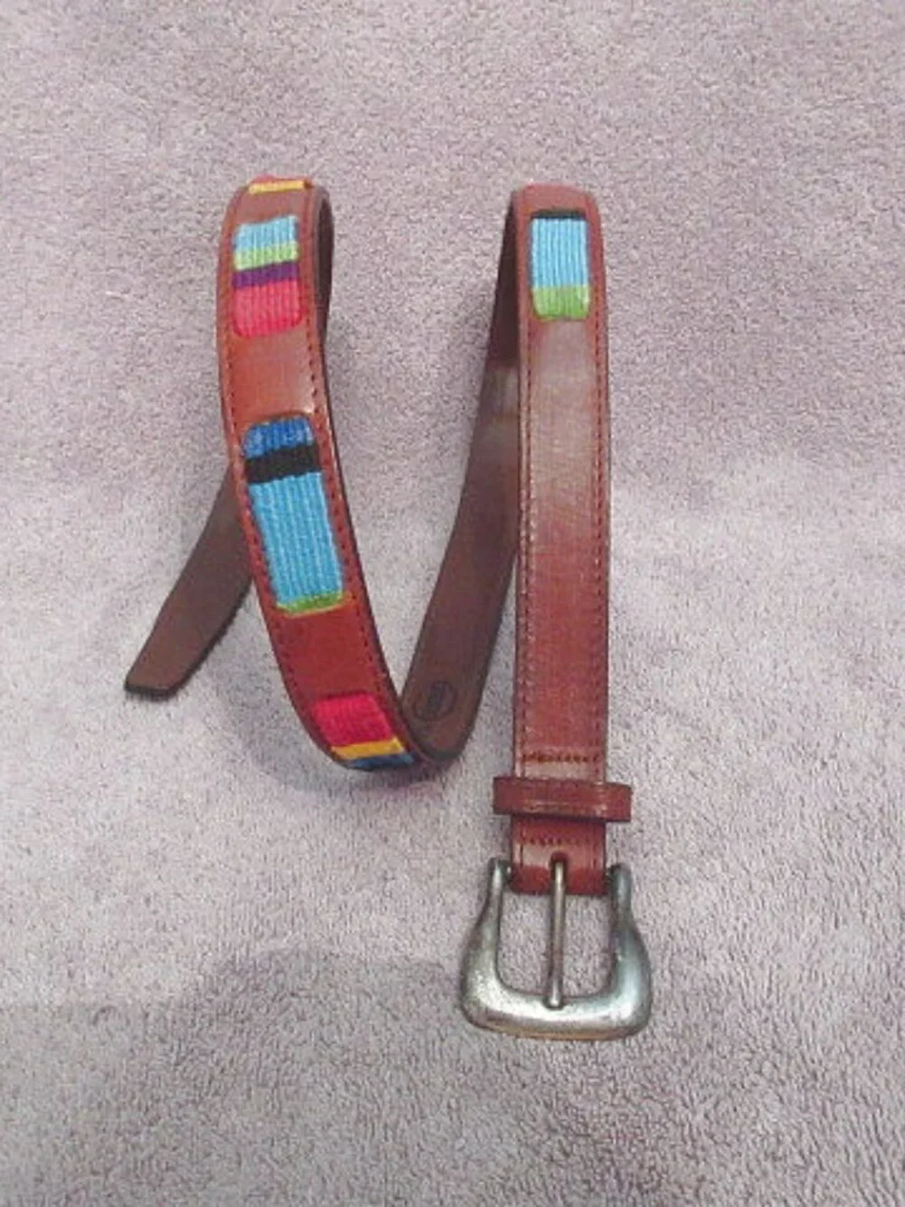 Fossil Leather Woven Tapestry Belt Size L Rainbow Piecework Boho Hippie Western